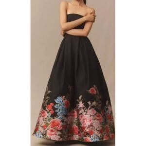 Mac Duggal Black Floral Brocade Bottom Strapless Maxi Dress Sz 16 NWT